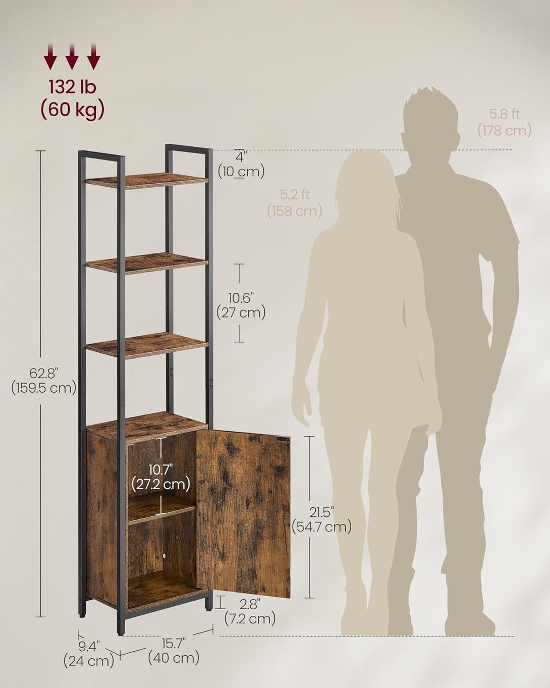 VASAGLE 6 szintes könyvespolc 24 × 40 × 159,5 cm, barna és fekete színben-VASBÚTOR