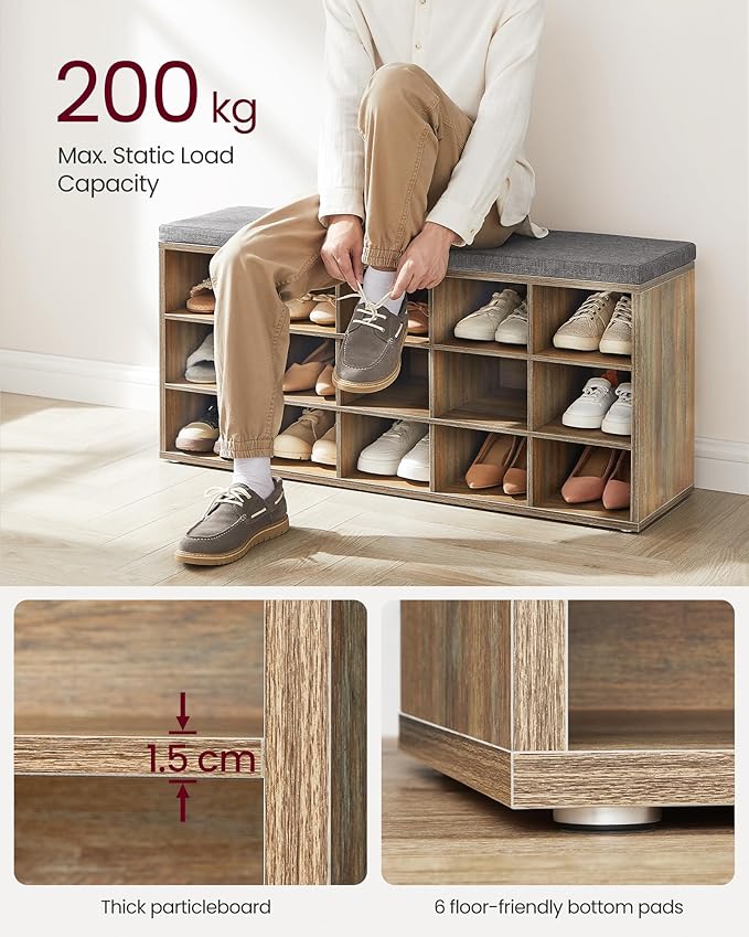 VASAGLE Cipőtartó pad, cipőpolc ülőfelülettel, 30×105×48 cm, türkizbarna–szürke-VASBÚTOR