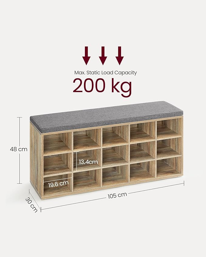 VASAGLE Cipőtartó pad, cipőpolc ülőfelülettel, 30×105×48 cm, türkizbarna–szürke-VASBÚTOR