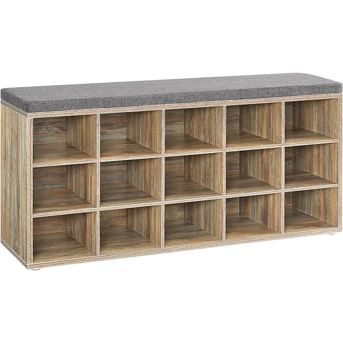 VASAGLE Cipőtartó pad, cipőpolc ülőfelülettel, 30×105×48 cm, türkizbarna–szürke-VASBÚTOR