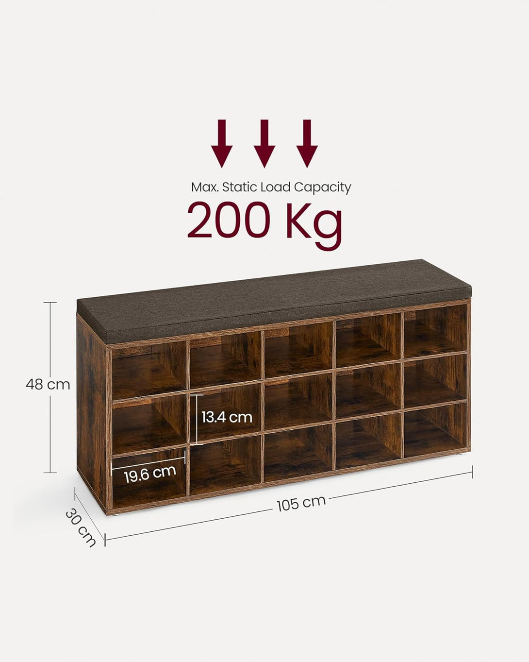 VASAGLE Cipőtartó pad, tárolós pad párnázott ülőfelülettel 30 × 105 × 48 cm, rusztikus barna színben-VASBÚTOR