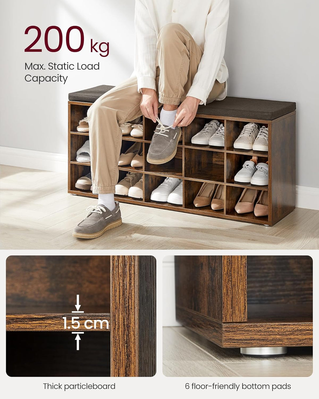 VASAGLE Cipőtartó pad, tárolós pad párnázott ülőfelülettel 30 × 105 × 48 cm, rusztikus barna színben-VASBÚTOR