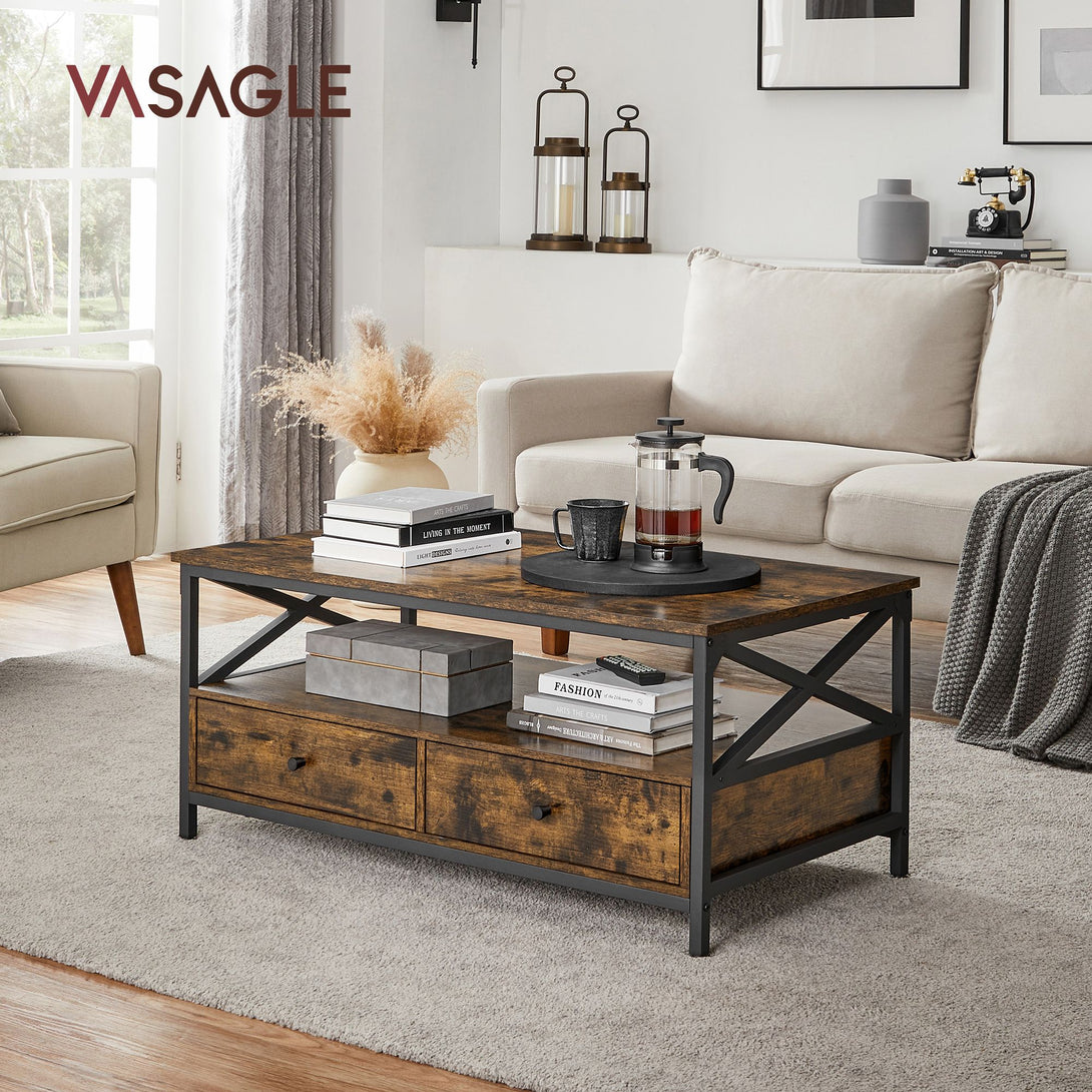 VASAGLE Dohányzóasztal, nappali asztal 100×55×45 cm, rusztikus barna és fekete színben-VASBÚTOR