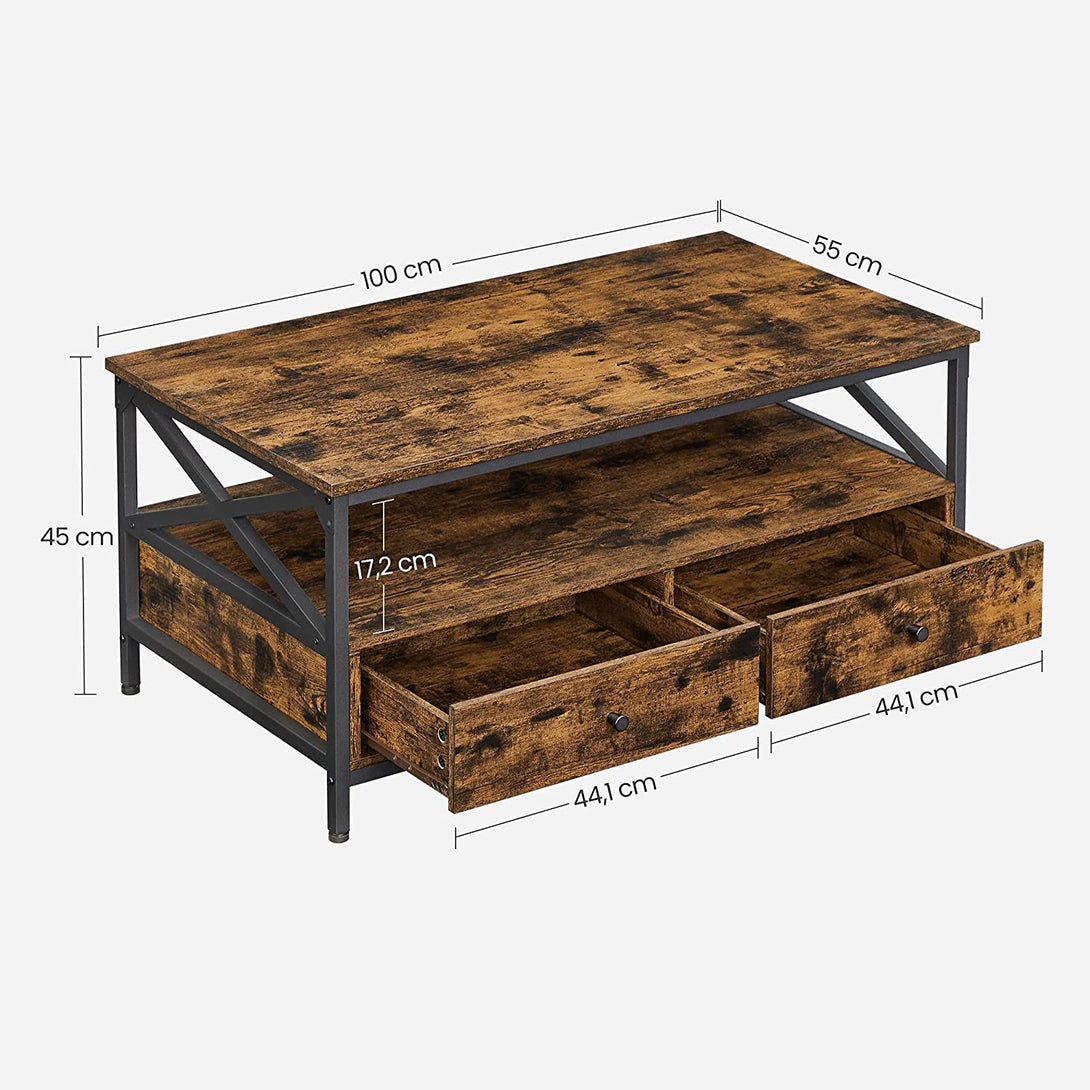 VASAGLE Dohányzóasztal, nappali asztal 100×55×45 cm, rusztikus barna és fekete színben-VASBÚTOR