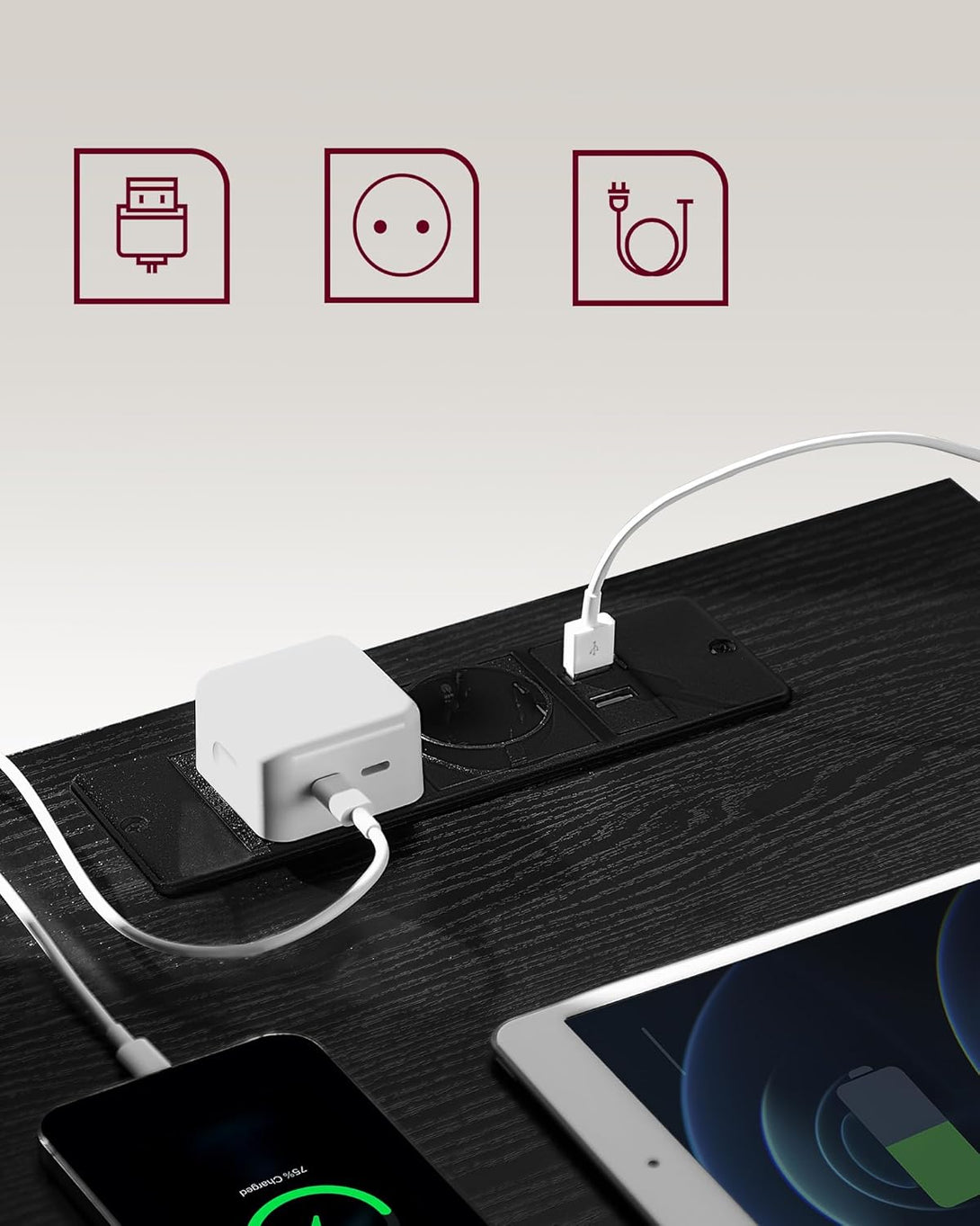VASAGLE Éjjeliszekrény 2 darabos szett, 2 hálózati aljzattal és 2 USB-porttal, fekete színben-VASBÚTOR
