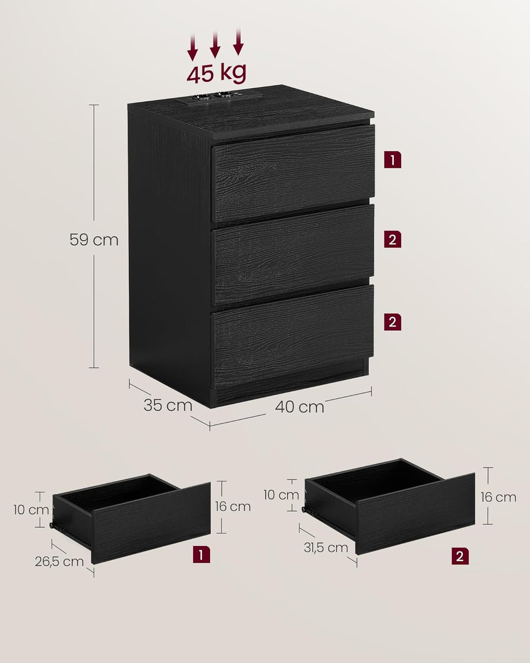 VASAGLE Éjjeliszekrény 2 darabos szett, 2 hálózati aljzattal és 2 USB-porttal, fekete színben-VASBÚTOR