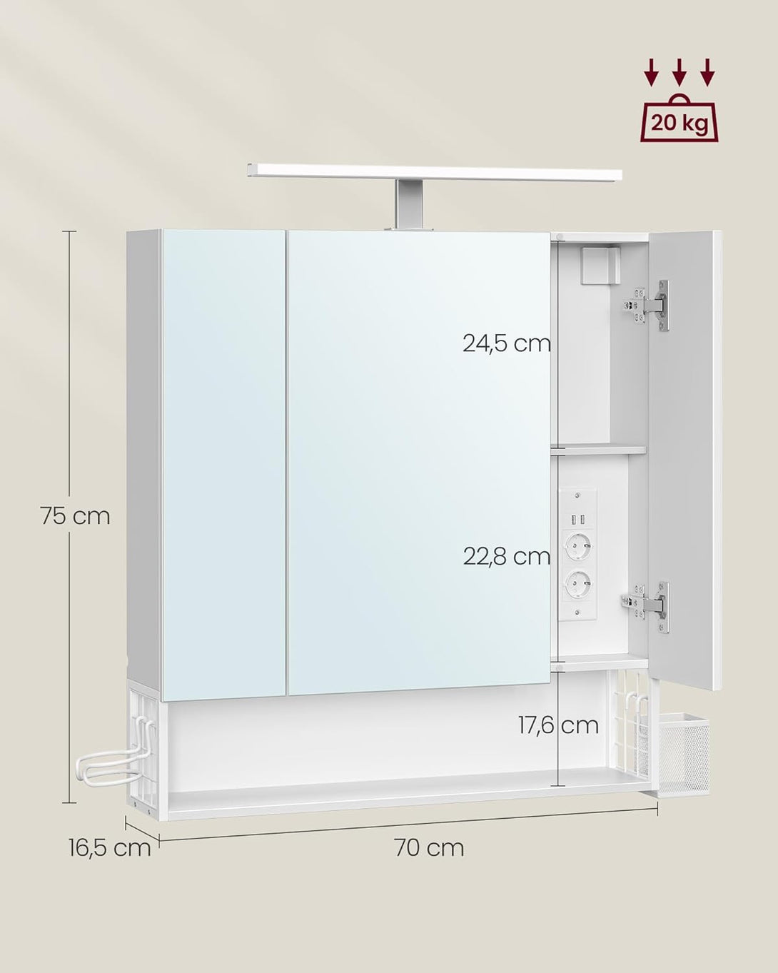 VASAGLE Fürdőszobaszekrény LED világítással, konnektorokkal, 16,5 × 70 × 75 cm, felhőfehér színben-VASBÚTOR