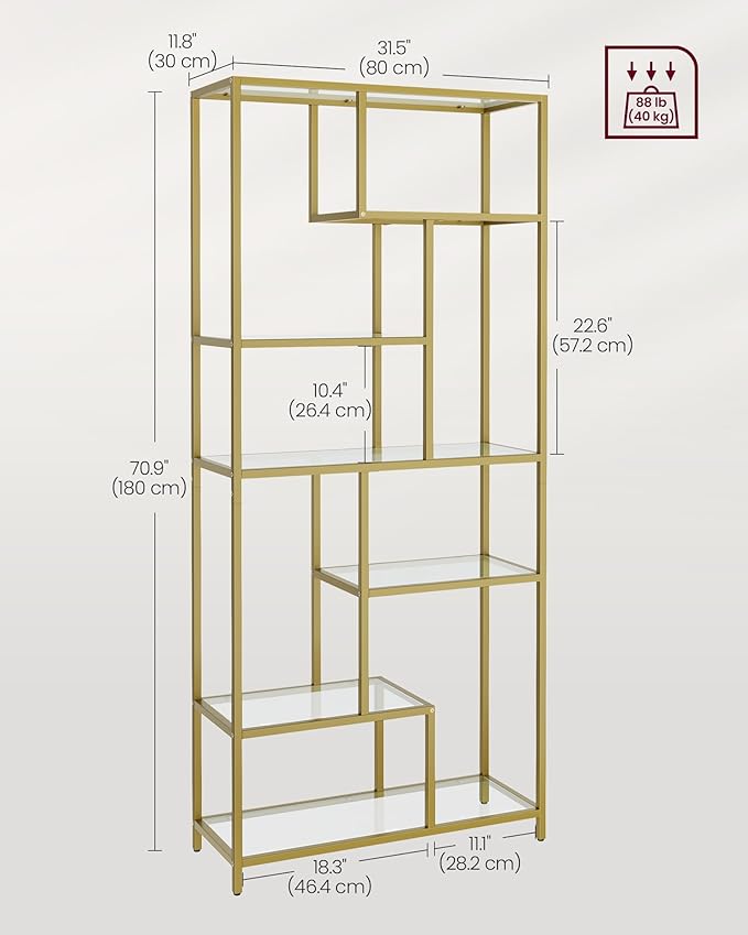 VASAGLE Könyvespolc, 6 szintes magas könyvszekrény 30 × 80 × 180 cm, fémes arany színben-VASBÚTOR