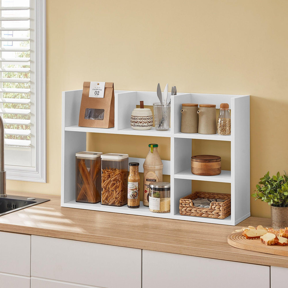 VASAGLE asztali polc, fa íróasztali tárolópolc 6 rekesszel, fehér színben-VASBÚTOR