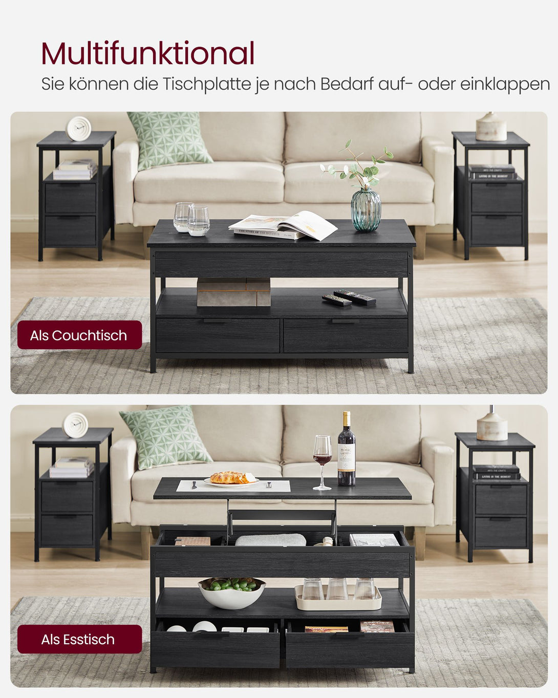 VASAGLE dohányzóasztal, magasságában állítható, 50×100 cm, antracitszürke–tintafekete-VASBÚTOR
