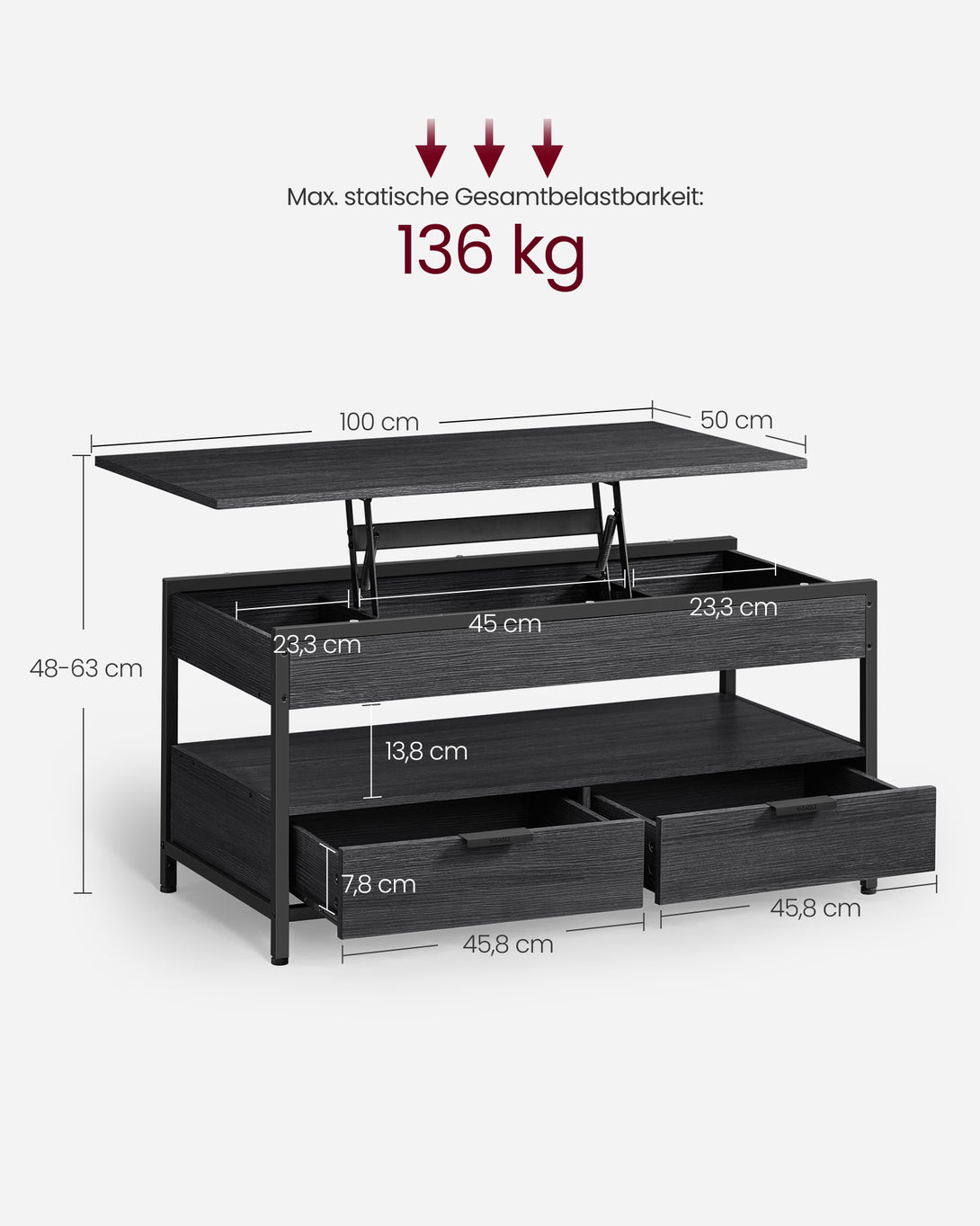 VASAGLE dohányzóasztal, magasságában állítható, 50×100 cm, antracitszürke–tintafekete-VASBÚTOR