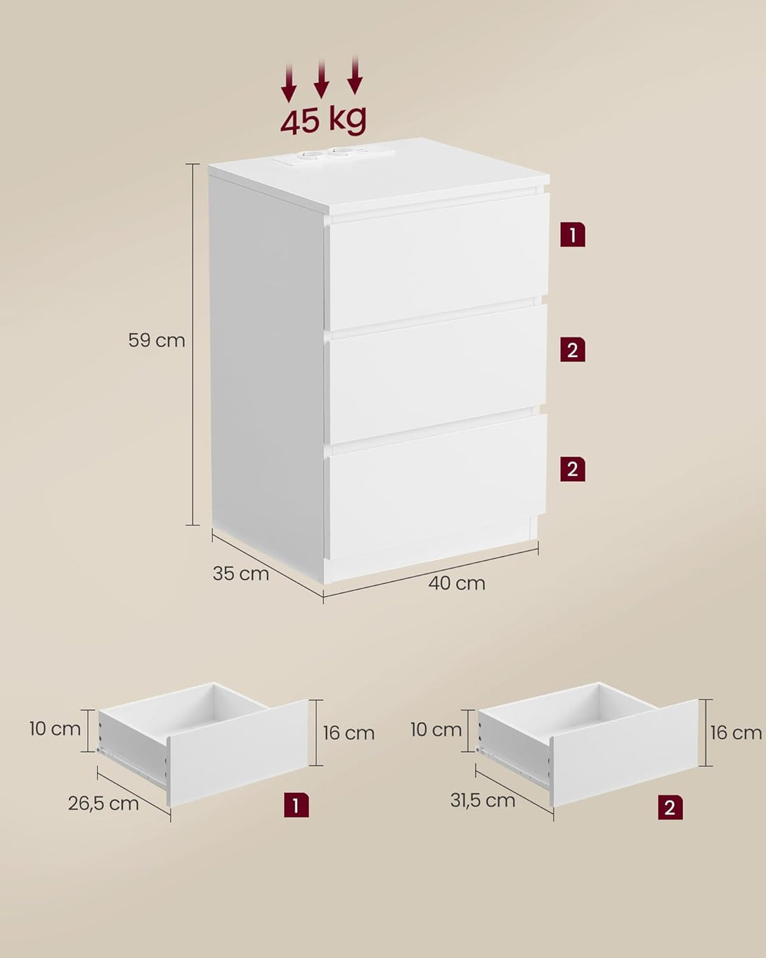 VASAGLE éjjeliszekrény 2 darabos szett, 2 hálózati aljzattal és 2 USB-porttal, fehér színben-VASBÚTOR