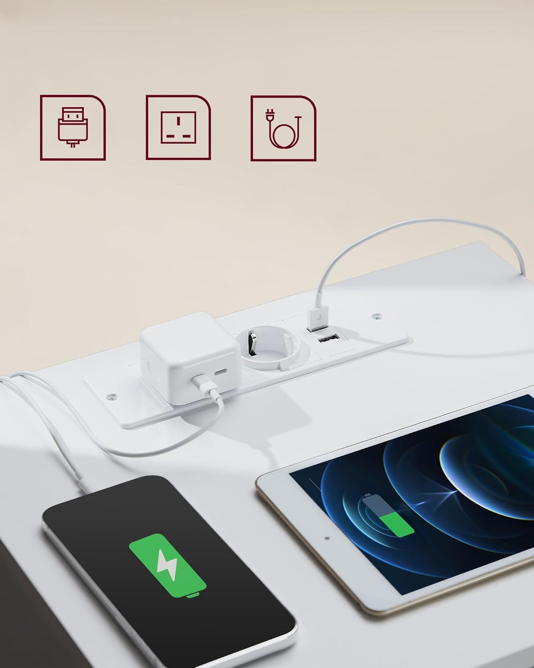 VASAGLE éjjeliszekrény 2 darabos szett, 2 hálózati aljzattal és 2 USB-porttal, fehér színben-VASBÚTOR