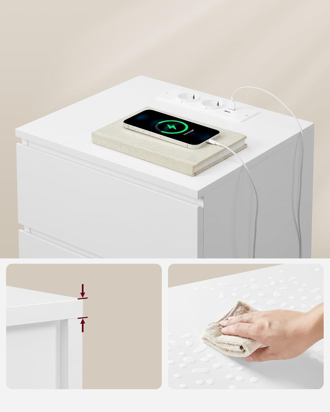 VASAGLE éjjeliszekrény 2 darabos szett, 2 hálózati aljzattal és 2 USB-porttal, fehér színben-VASBÚTOR