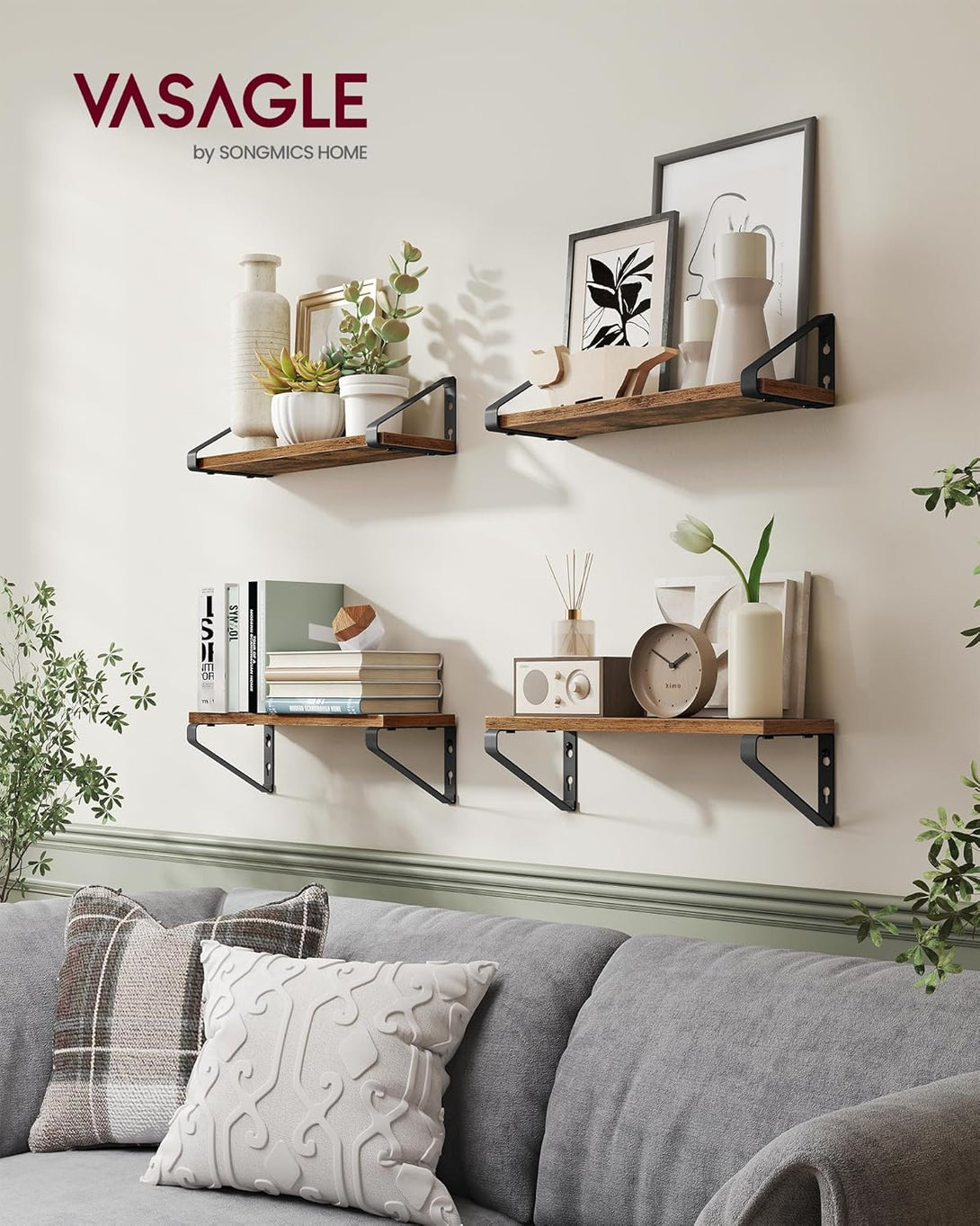 VASAGLE fali polcok 2 darabos szett, rusztikus barna és matt fekete-VASBÚTOR