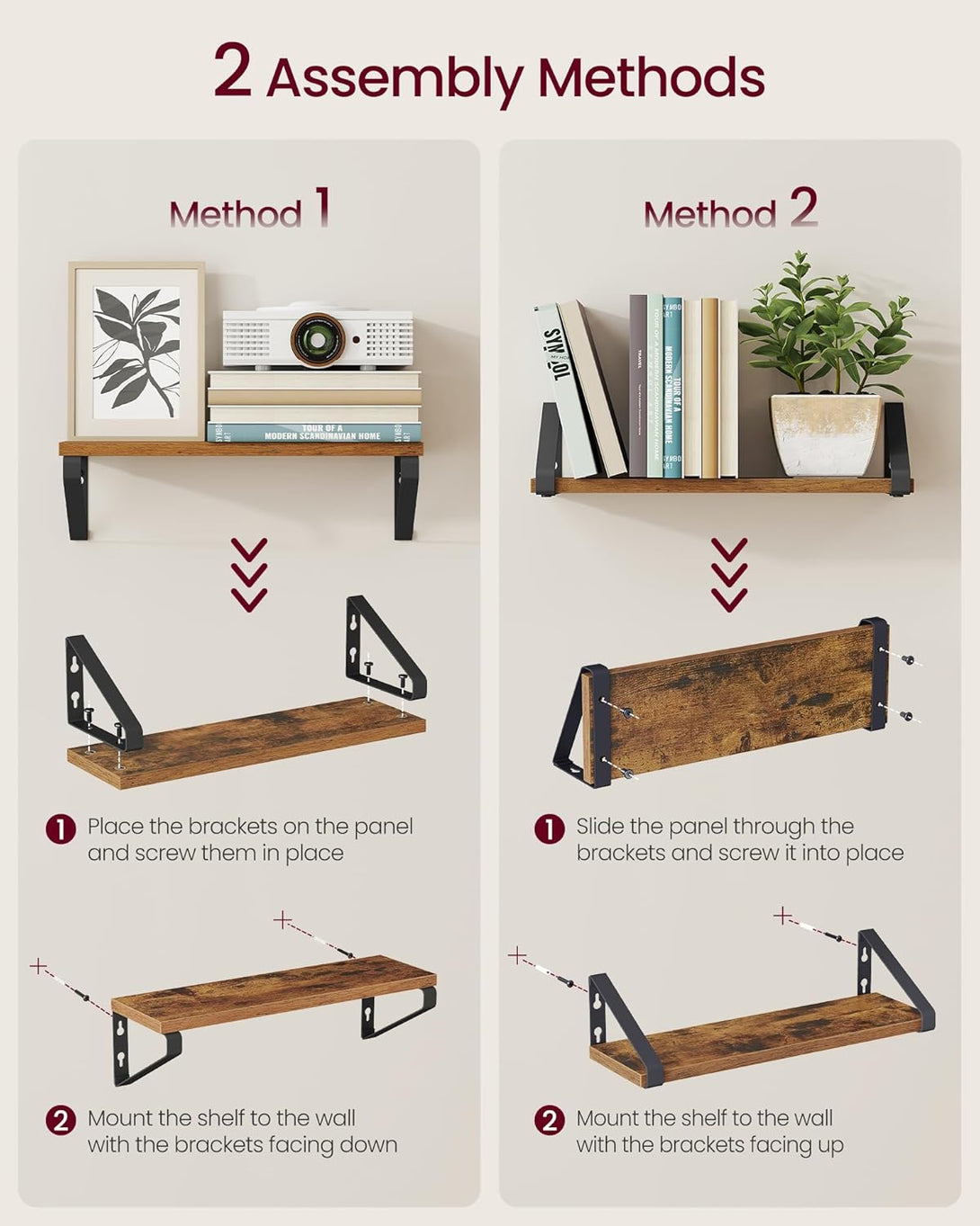 VASAGLE fali polcok 2 darabos szett, rusztikus barna és matt fekete-VASBÚTOR