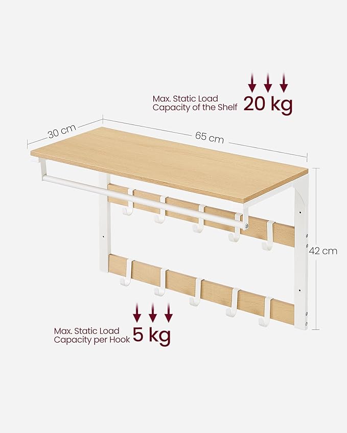 VASAGLE fali ruhafogas polccal, tölgy szín–fehér-VASBÚTOR