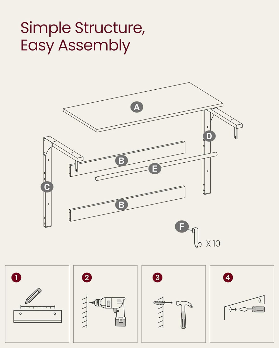 VASAGLE fali ruhafogas polccal, tölgy szín–fehér-VASBÚTOR