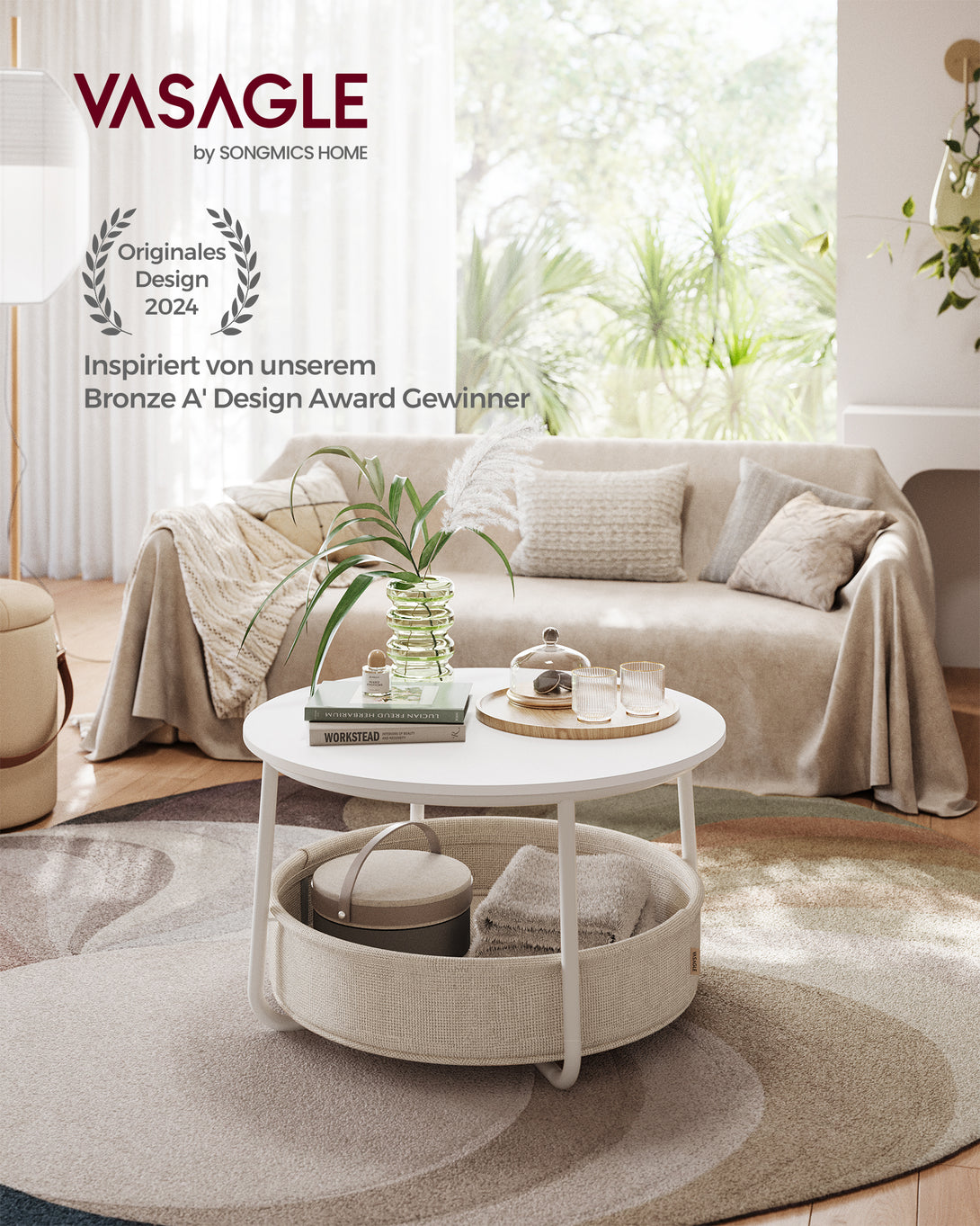 VASAGLE kerek dohányzóasztal tárolóval, matt fehér és kamelbarna színben-VASBÚTOR