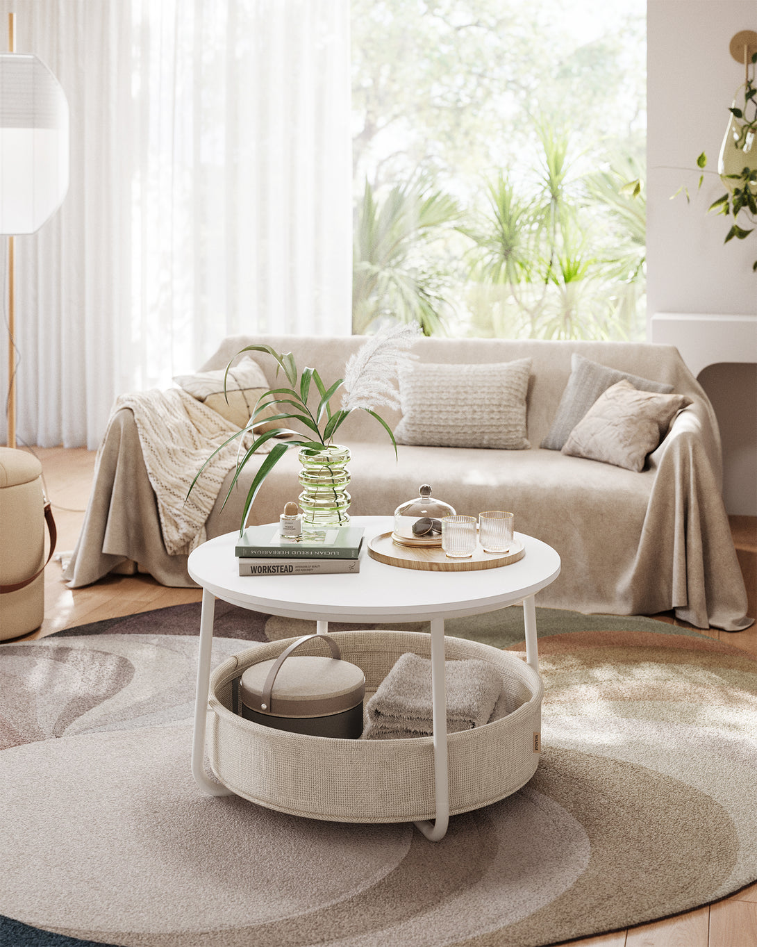 VASAGLE kerek dohányzóasztal tárolóval, matt fehér és kamelbarna színben-VASBÚTOR