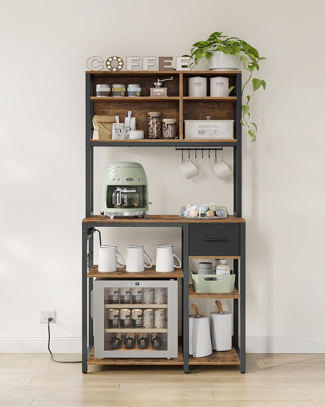 VASAGLE konyhai polc konnektorokkal, állópolc, 40 × 80 × 180,4 cm, vintage barna–fekete színben-VASBÚTOR