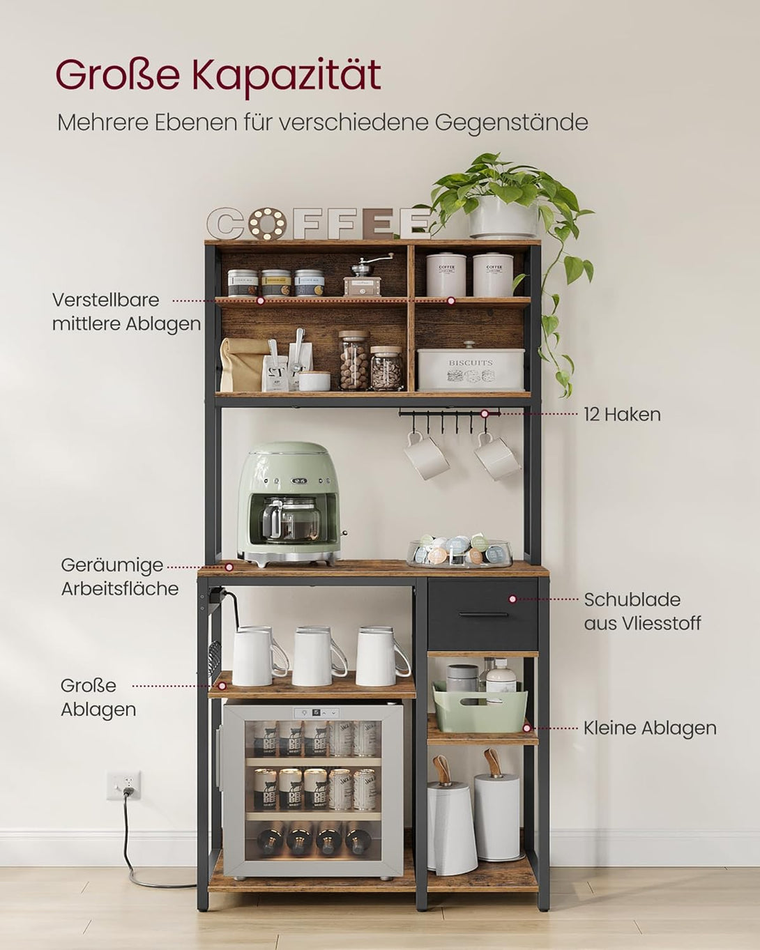 VASAGLE konyhai polc konnektorokkal, állópolc, 40 × 80 × 180,4 cm, vintage barna–fekete színben-VASBÚTOR