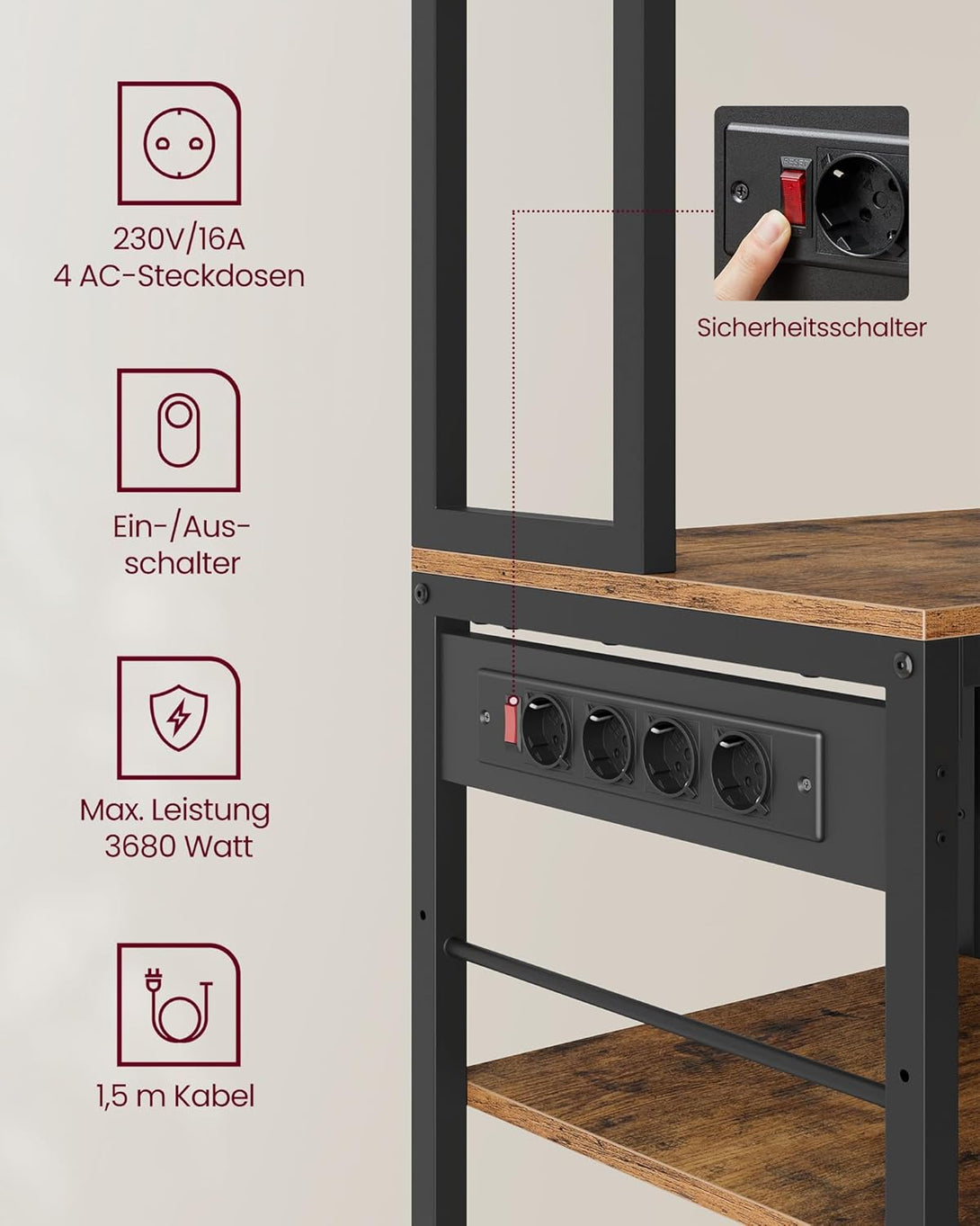 VASAGLE konyhai polc konnektorokkal, állópolc, 40 × 80 × 180,4 cm, vintage barna–fekete színben-VASBÚTOR