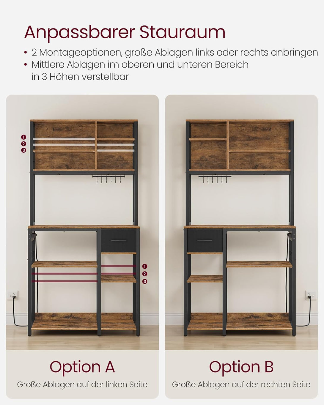 VASAGLE konyhai polc konnektorokkal, állópolc, 40 × 80 × 180,4 cm, vintage barna–fekete színben-VASBÚTOR