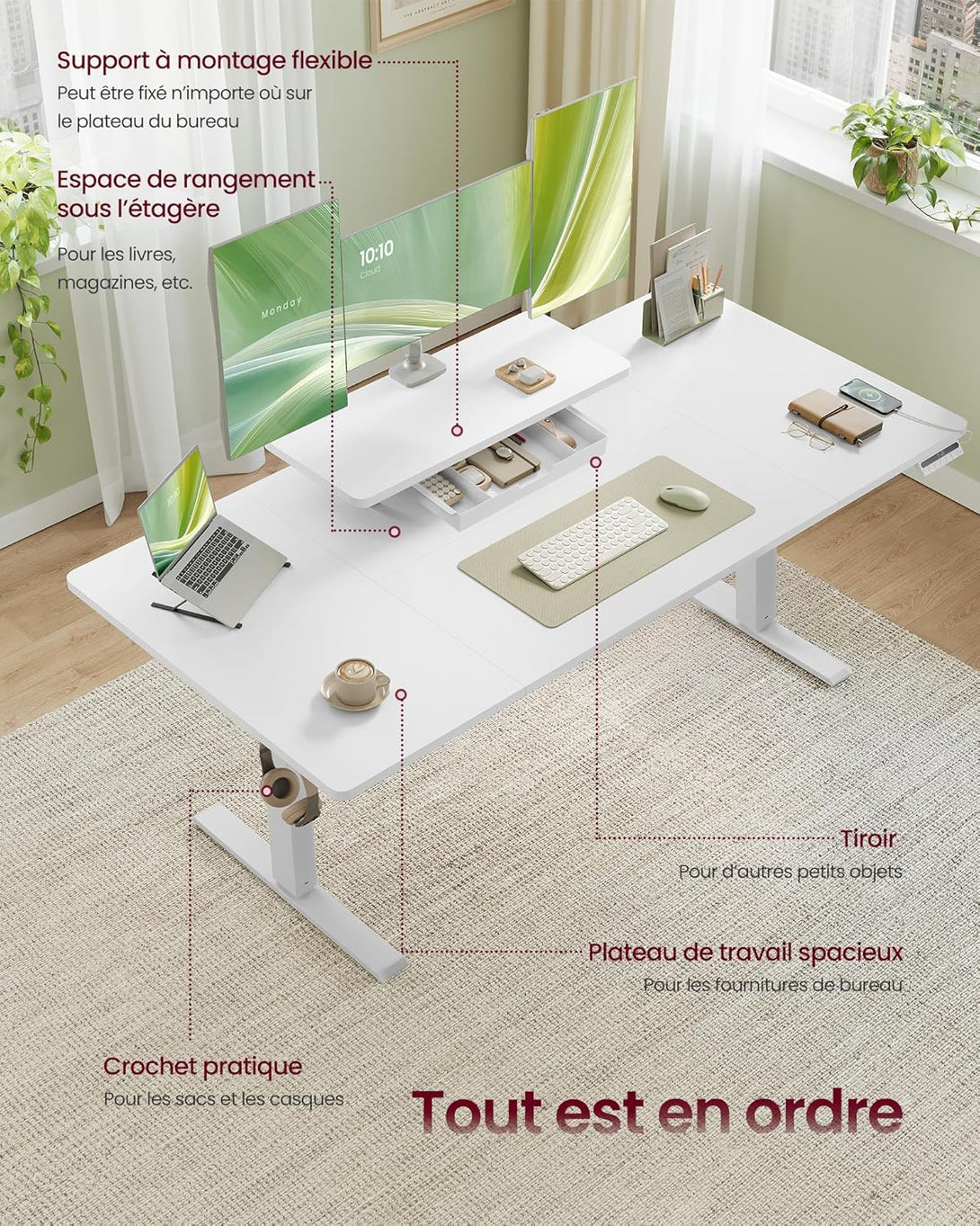 VASAGLE magasságállítható íróasztal, 160 x 80 cm, fehér-VASBÚTOR