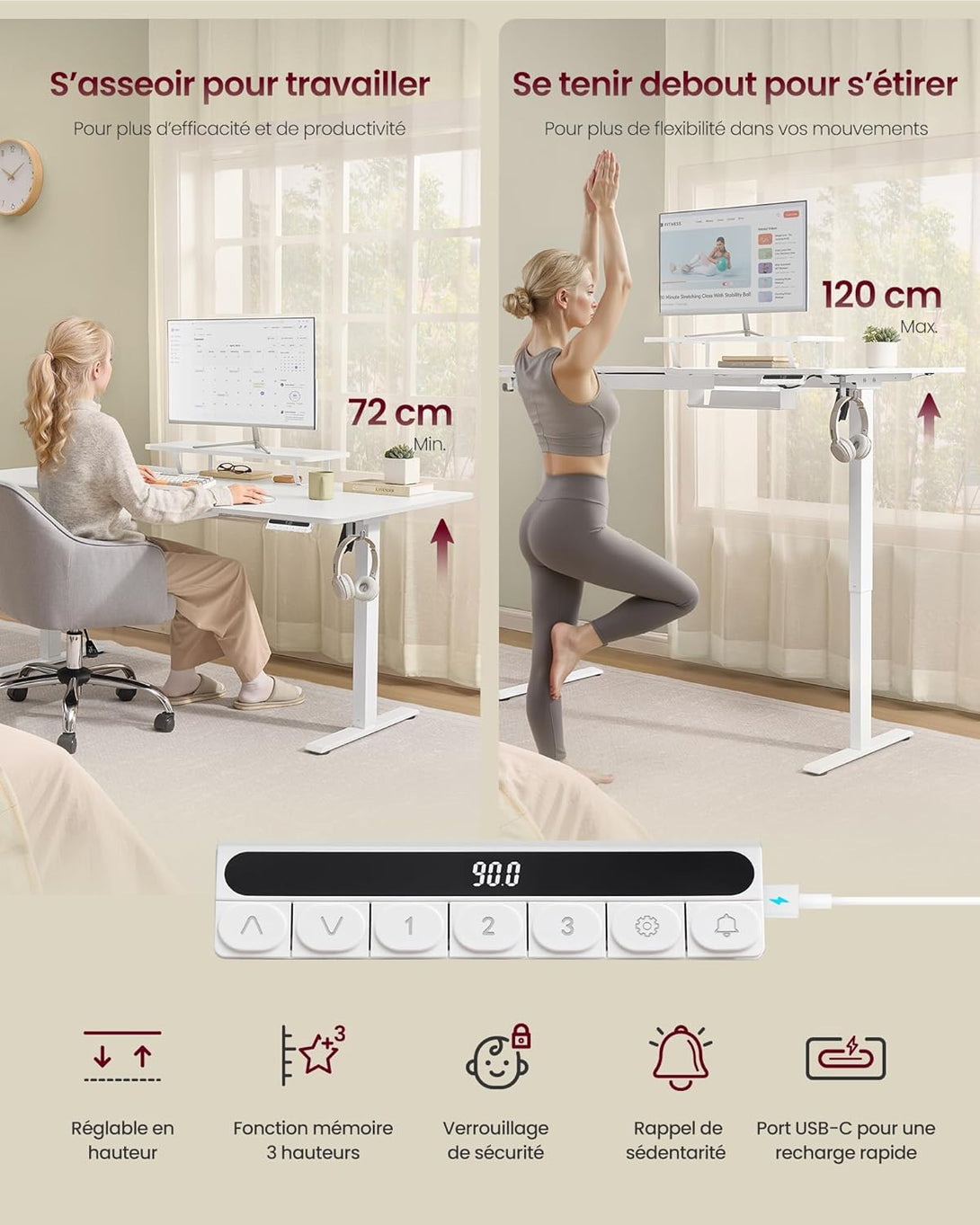 VASAGLE magasságállítható íróasztal, 160 x 80 cm, fehér-VASBÚTOR