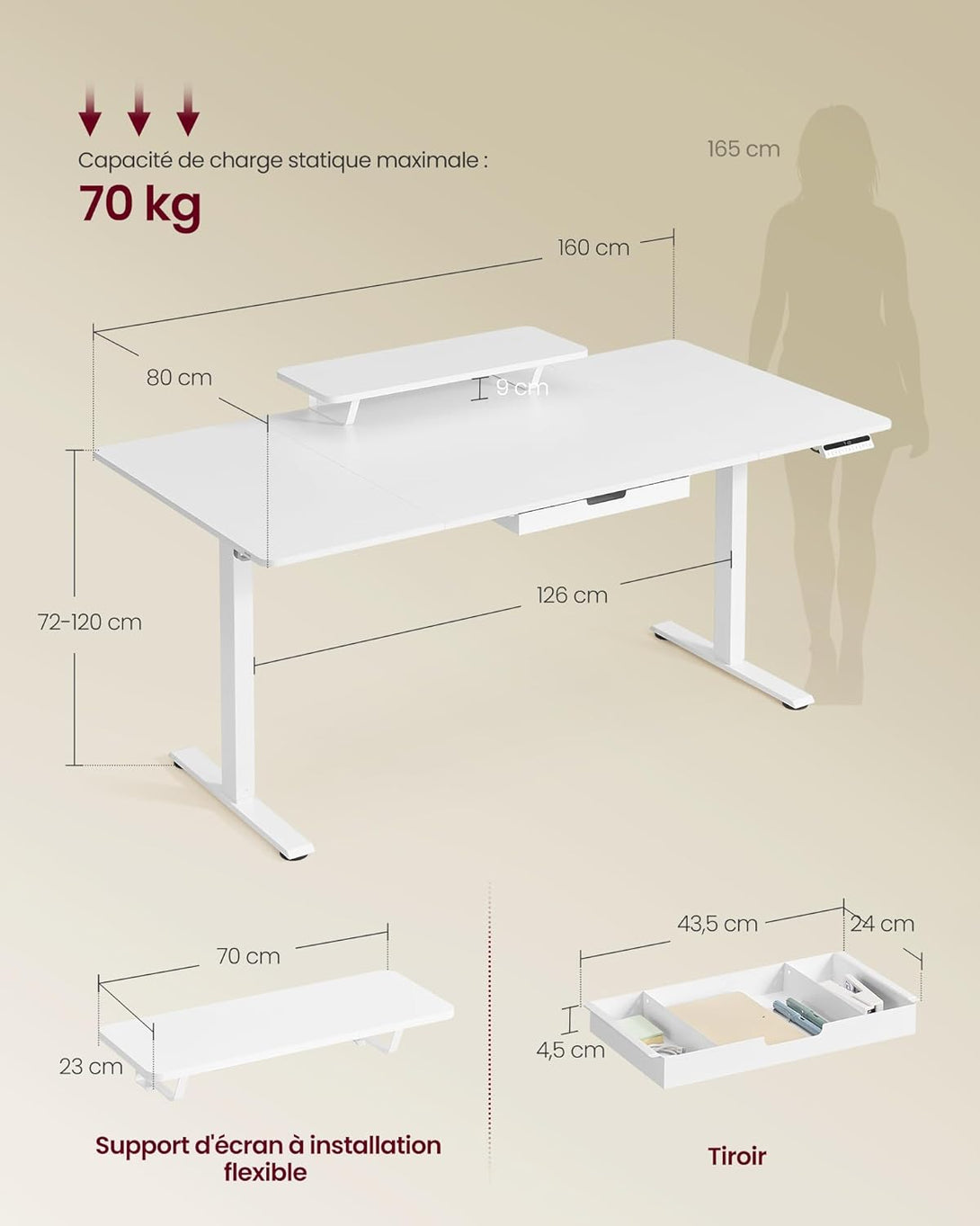 VASAGLE magasságállítható íróasztal, 160 x 80 cm, fehér-VASBÚTOR