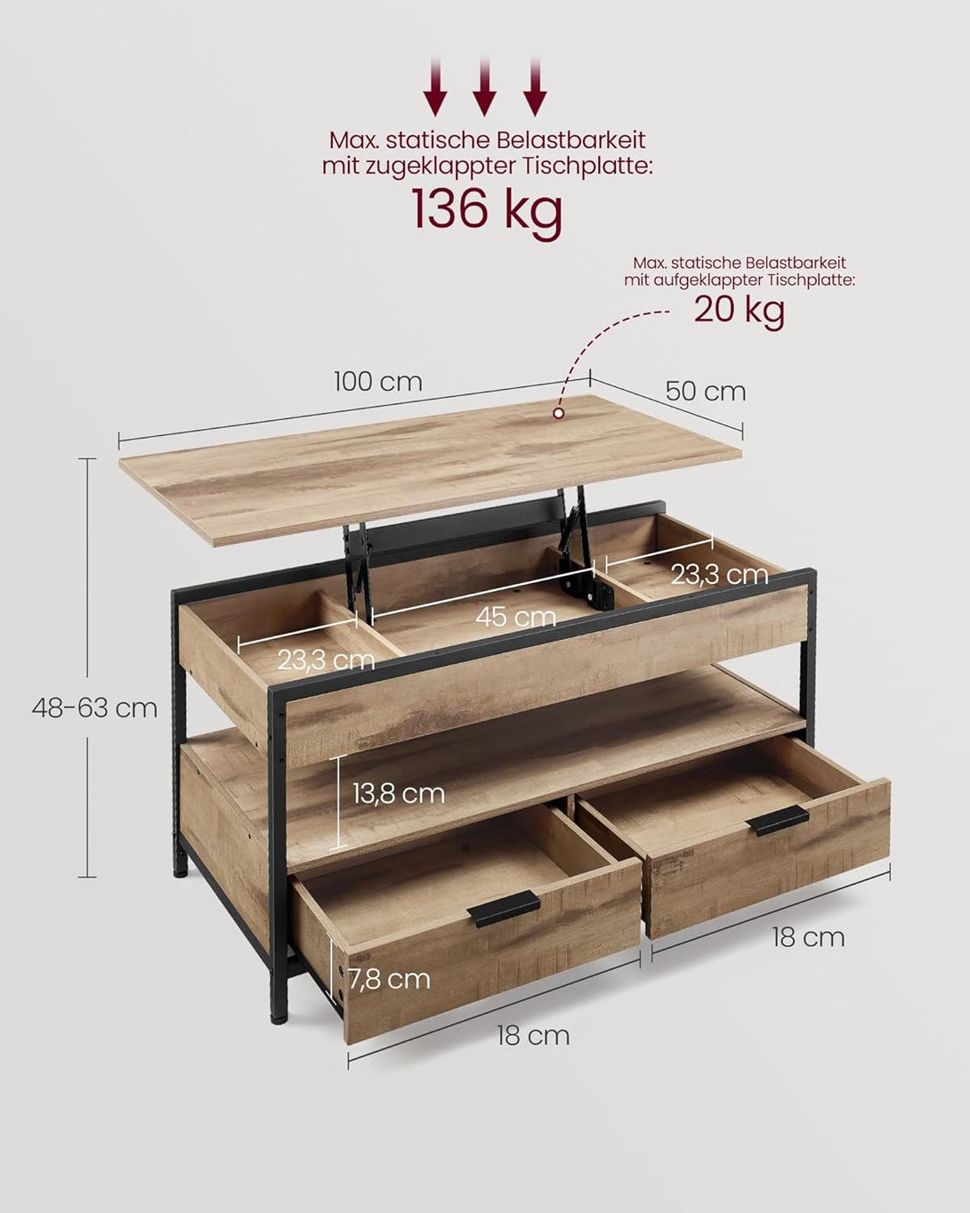 VASAGLE magasságban állítható dohányzóasztal, 50 × 100 cm, karamellbarna–tintafekete színben-VASBÚTOR