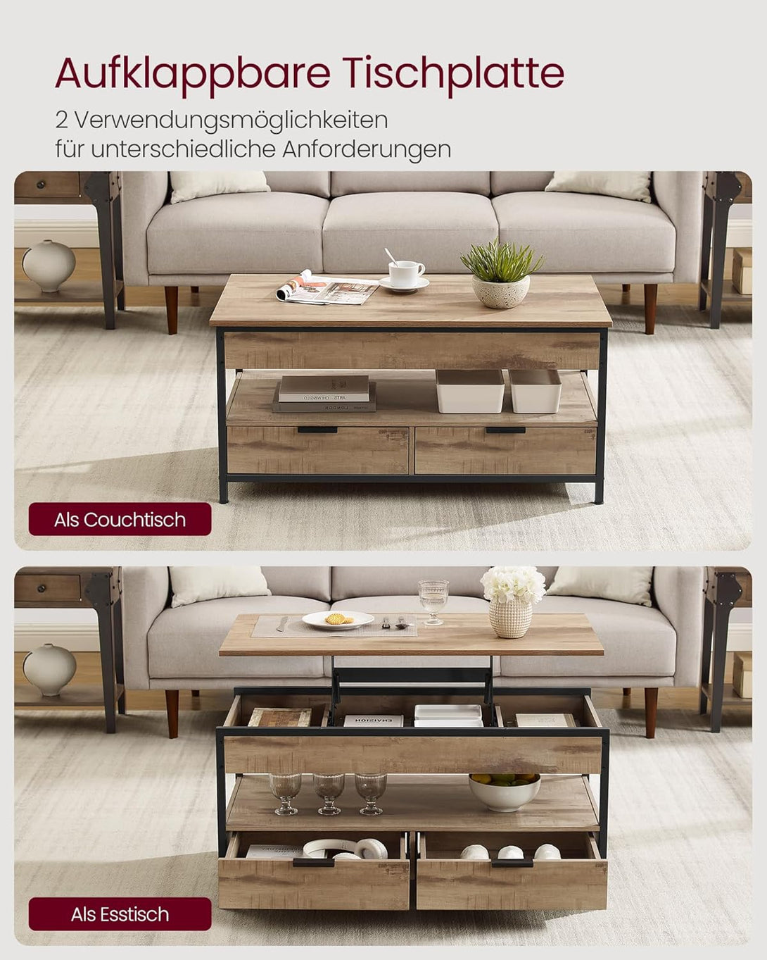 VASAGLE magasságban állítható dohányzóasztal, 50 × 100 cm, karamellbarna–tintafekete színben-VASBÚTOR