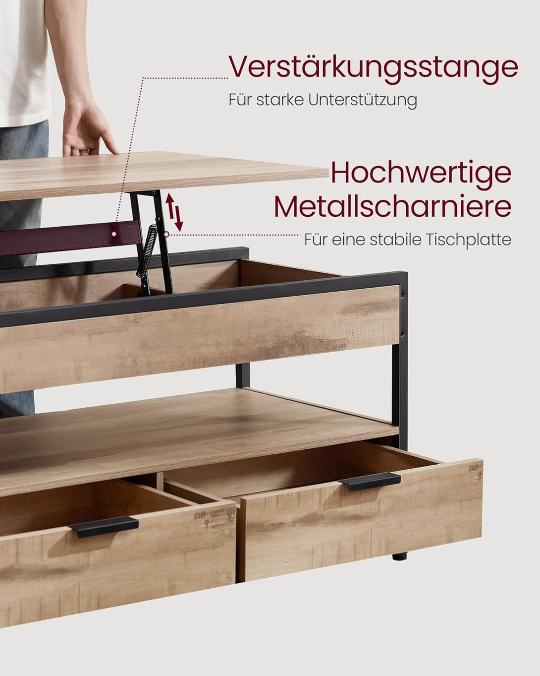 VASAGLE magasságban állítható dohányzóasztal, 50 × 100 cm, karamellbarna–tintafekete színben-VASBÚTOR