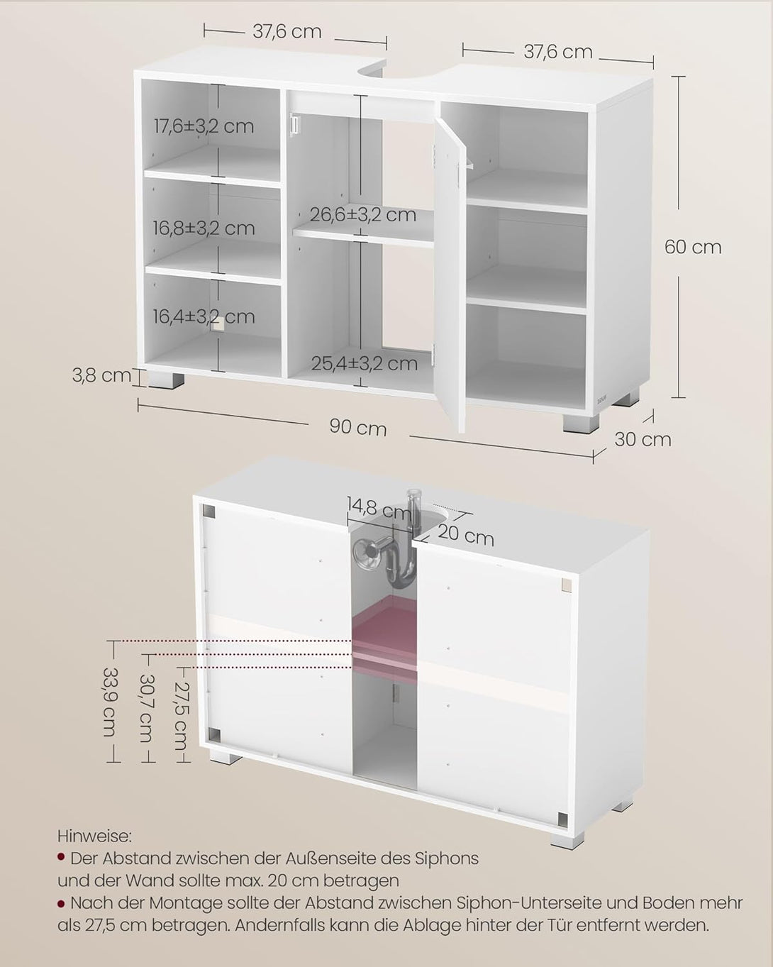 VASAGLE mosdó alatti szekrény 30 x 90 x 60 cm, lábakkal, felhőfehér-VASBÚTOR