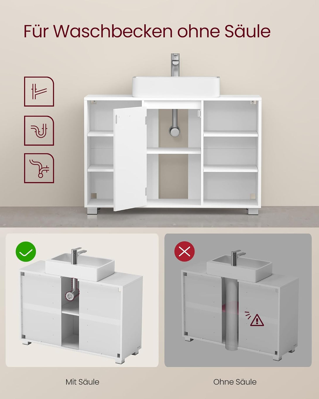 VASAGLE mosdó alatti szekrény 30 x 90 x 60 cm, lábakkal, felhőfehér-VASBÚTOR