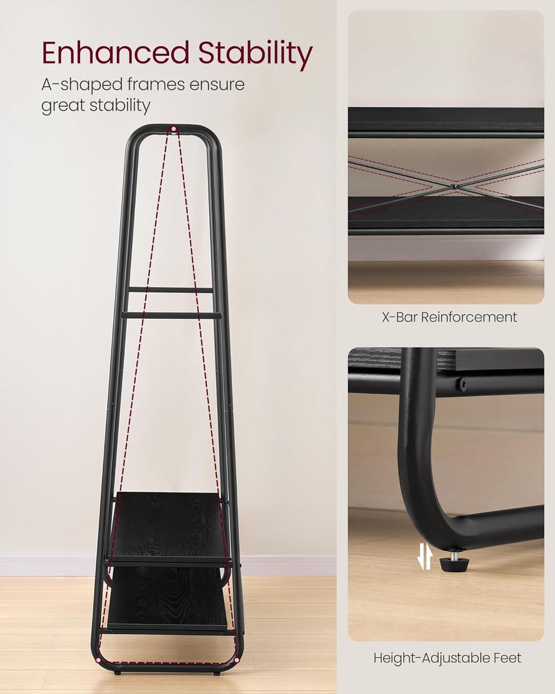 VASAGLE ruhatartó állvány, ruhafogas 2 polccal és 6 darab S alakú akasztóval, fekete színben-VASBÚTOR