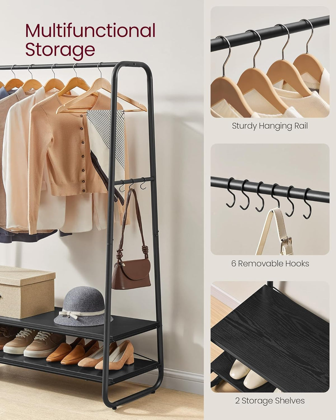 VASAGLE ruhatartó állvány, ruhafogas 2 polccal és 6 darab S alakú akasztóval, fekete színben-VASBÚTOR