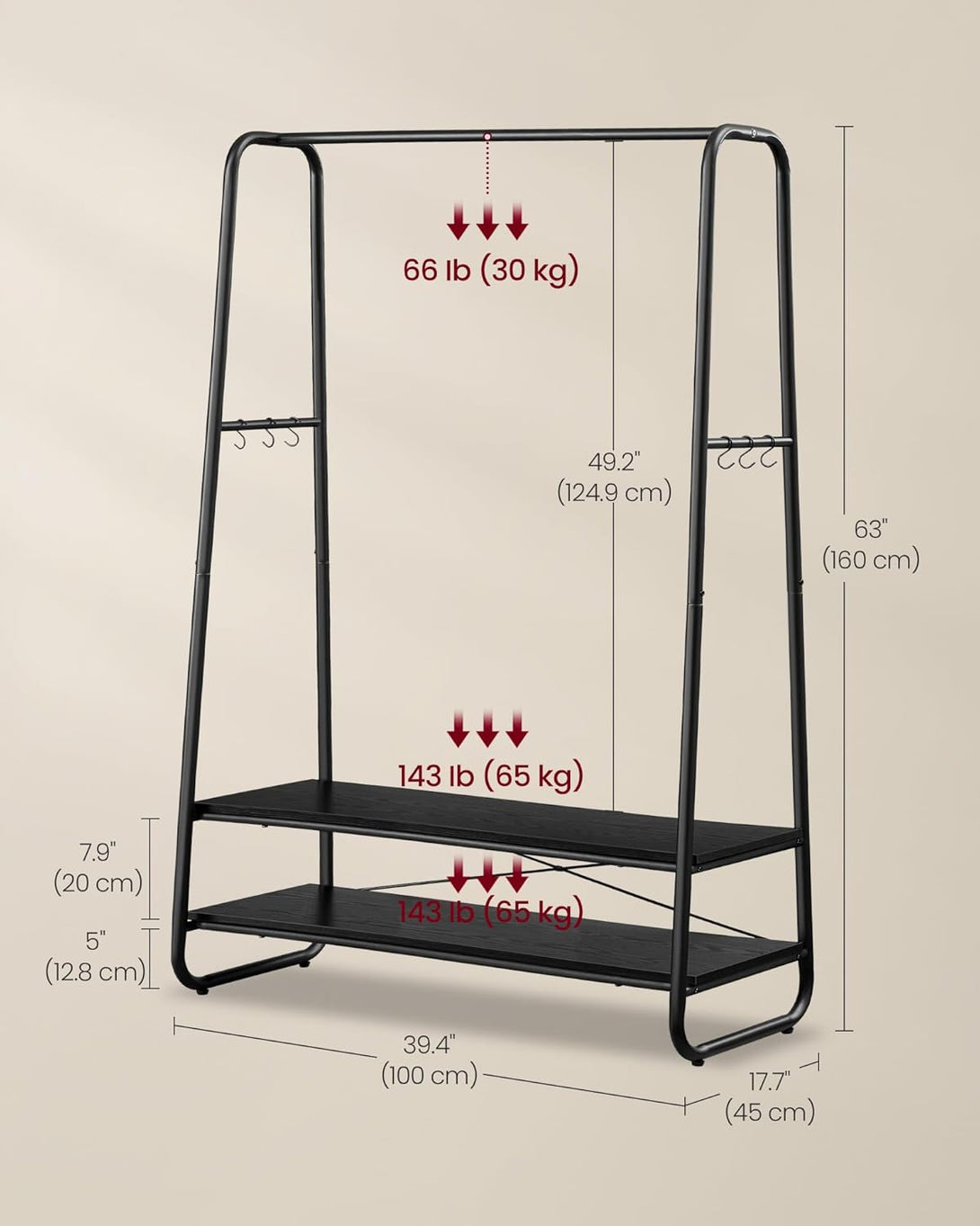 VASAGLE ruhatartó állvány, ruhafogas 2 polccal és 6 darab S alakú akasztóval, fekete színben-VASBÚTOR