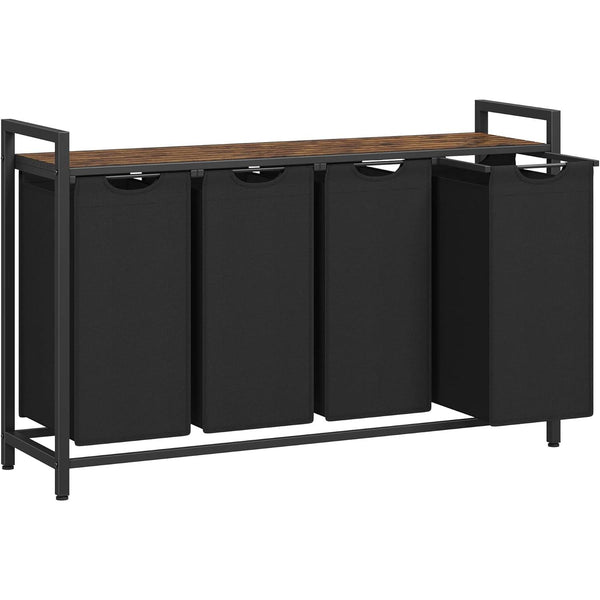 VASAGLE szennyestartó, 4 rekeszes ruhaszeparáló kosár 116×33×72 cm, Fekete és rusztikus barna-VASBÚTOR