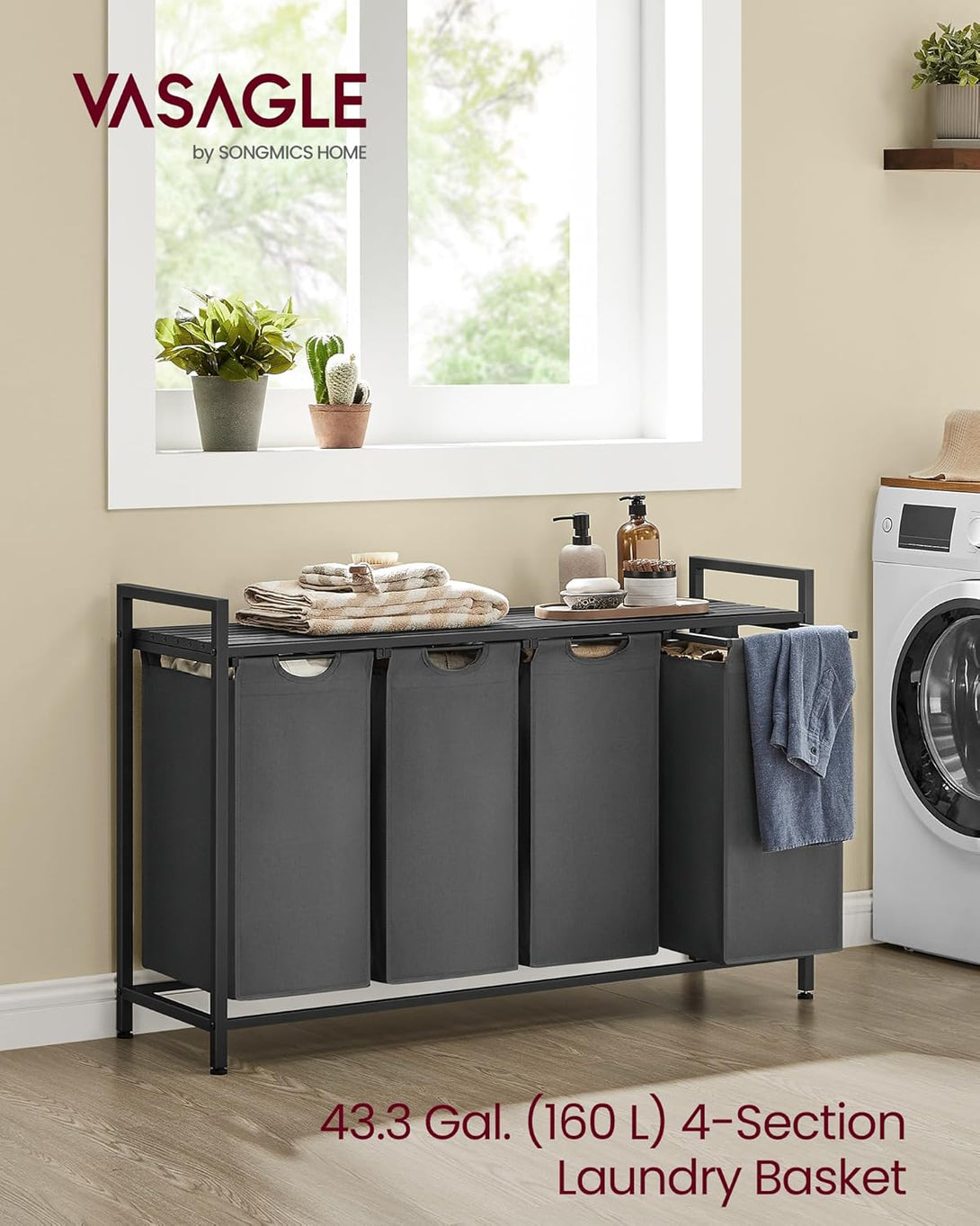 VASAGLE szennyestartó kosár, 4 rekeszes ruhagyűjtő szürke színben-VASBÚTOR