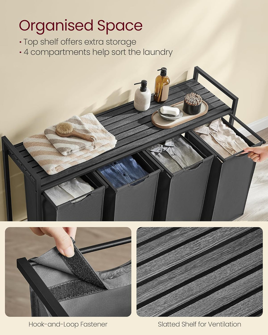 VASAGLE szennyestartó kosár, 4 rekeszes ruhagyűjtő szürke színben-VASBÚTOR