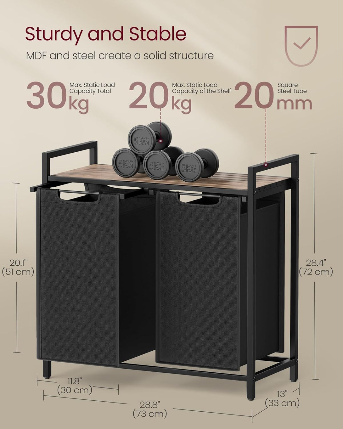 VASAGLE szennyestartó kosár 73 × 33 × 72 cm barna és fekete színben-VASBÚTOR