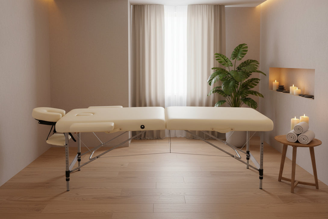 VASHOME Masszázságy, összecsukható és hordozható, Alumínium vázas, Krém Fehér-VASBÚTOR