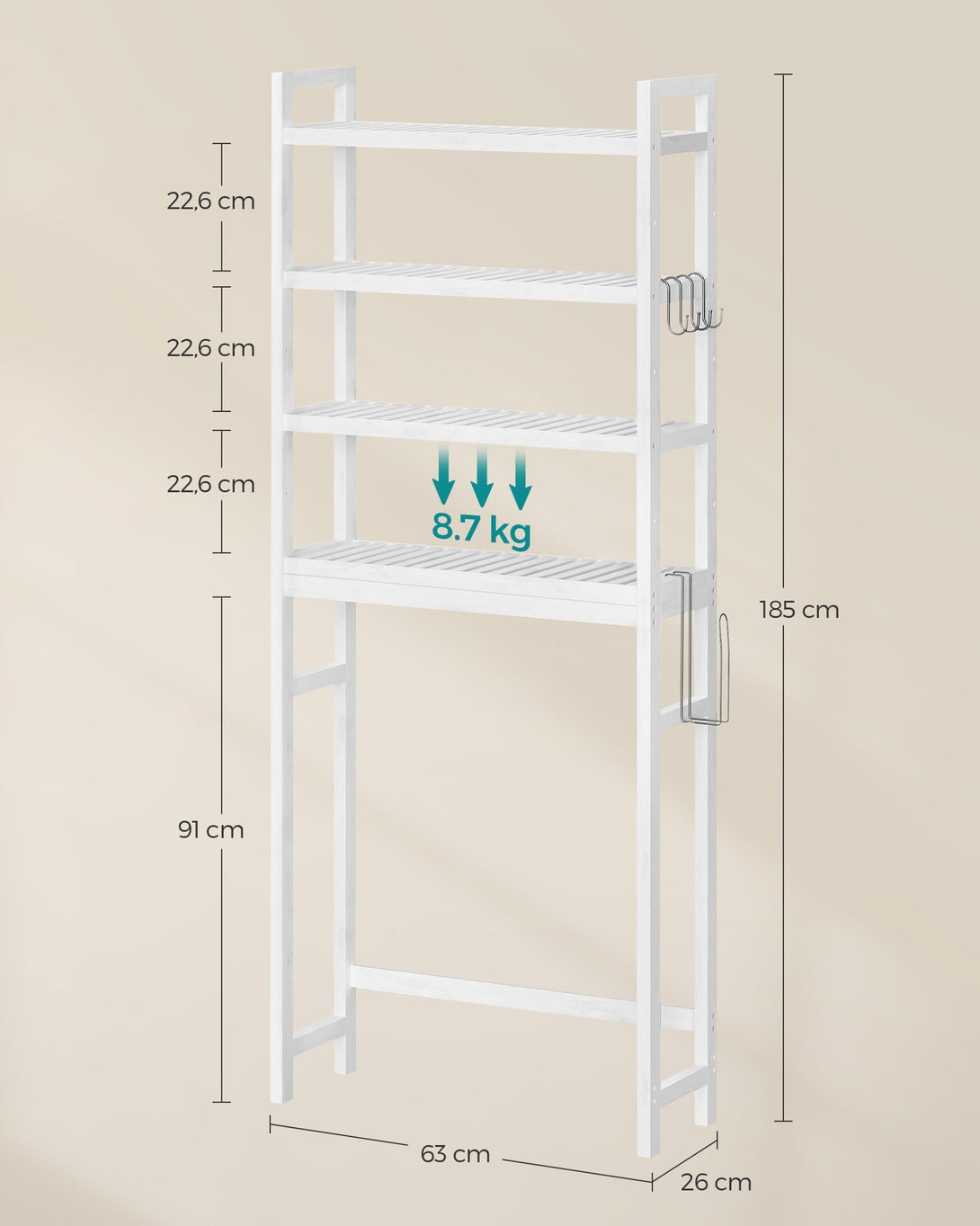 WC feletti tároló, 4 szintes, helytakarékos, egyszerű összeszerelés, fehér-VASBÚTOR