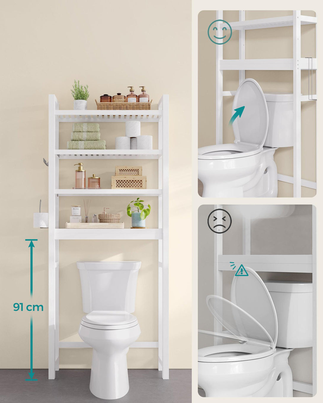 WC feletti tároló, 4 szintes, helytakarékos, egyszerű összeszerelés, fehér-VASBÚTOR