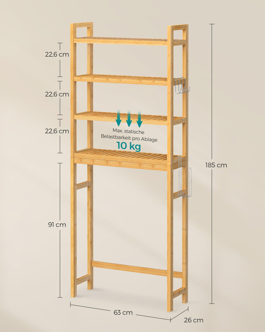 WC feletti tároló, 4 szintes, helytakarékos, egyszerű összeszerelés, natur-VASBÚTOR