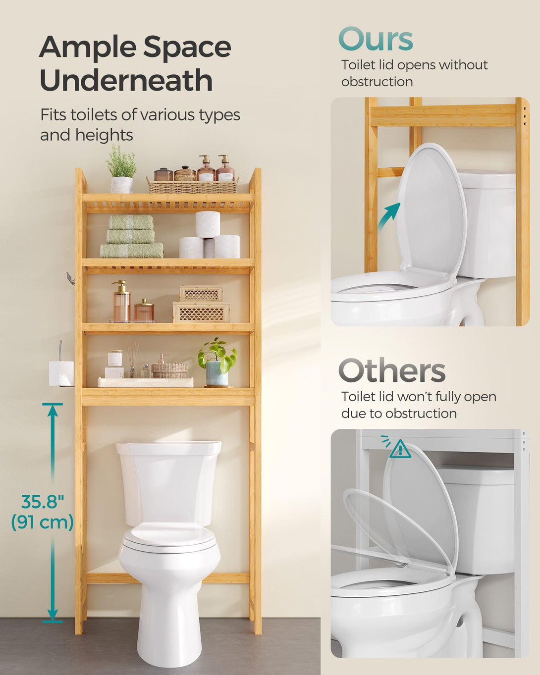 WC feletti tároló, 4 szintes, helytakarékos, egyszerű összeszerelés, natur-VASBÚTOR