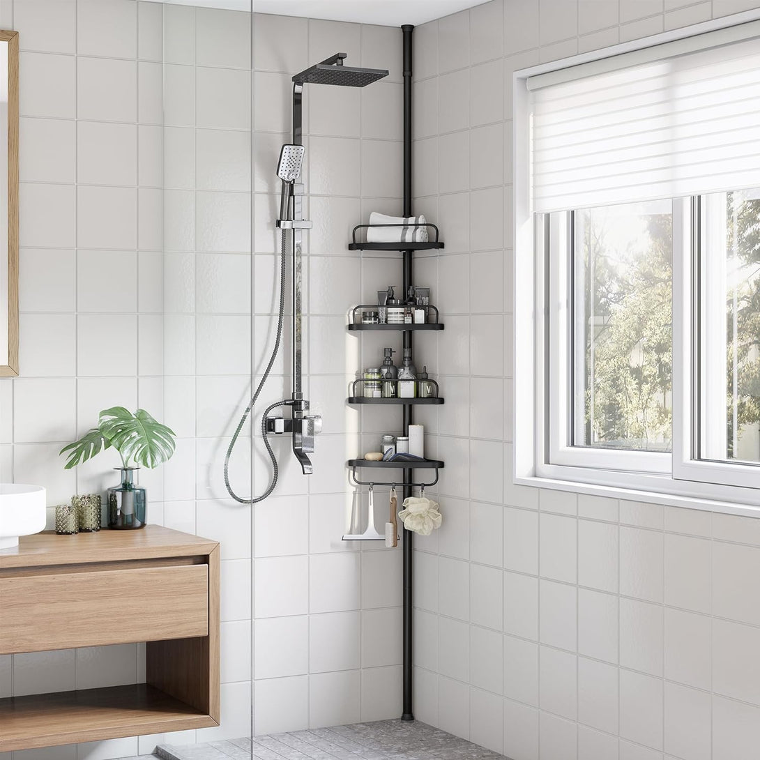 Zuhany sarokpolc, 4 szintes fürdőszobai zuhanypolc 85-305 cm, Fekete-VASBÚTOR