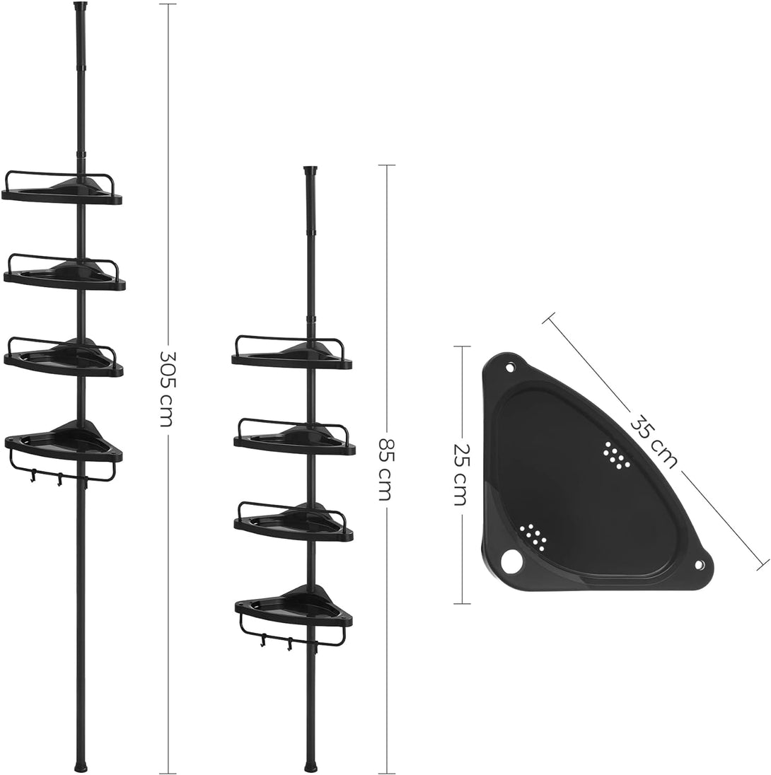 Zuhany sarokpolc, 4 szintes fürdőszobai zuhanypolc 85-305 cm, Fekete-VASBÚTOR